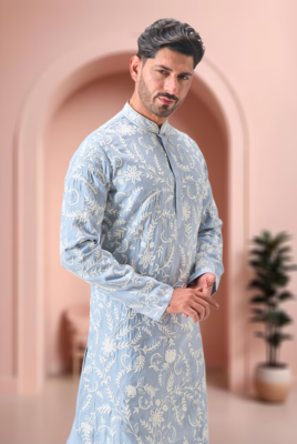 Sky blue art silk embroidery kurta pajama set 4
