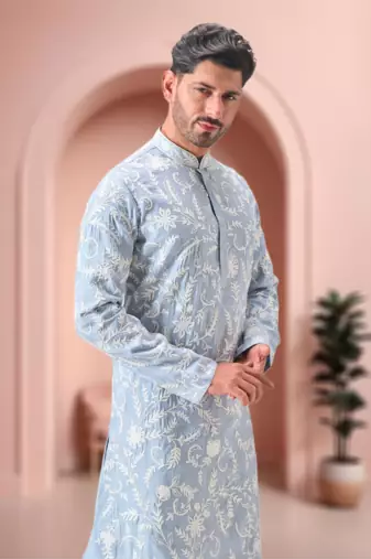 Sky blue art silk embroidery kurta pajama set