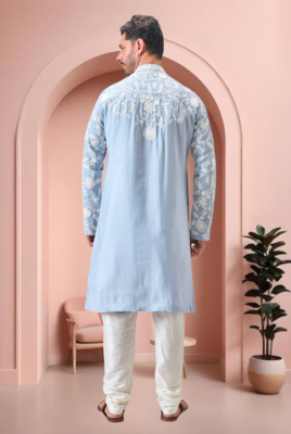 Sky blue art silk embroidery kurta pajama set 5