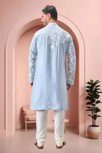 Sky blue art silk embroidery kurta pajama set