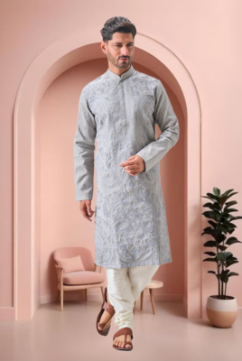 Grey art silk embroidery kurta pajama set 1