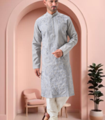 Grey art silk embroidery kurta pajama set