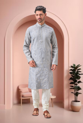 Grey art silk embroidery kurta pajama set 2