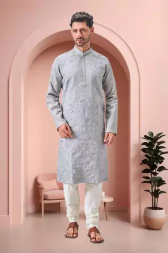 Grey art silk embroidery kurta pajama set