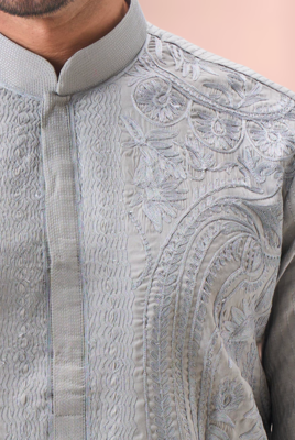 Grey art silk embroidery kurta pajama set 3
