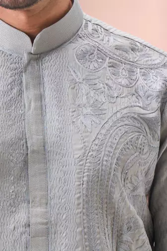 Grey art silk embroidery kurta pajama set
