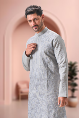 Grey art silk embroidery kurta pajama set 4