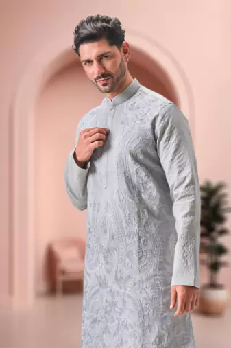 Grey art silk embroidery kurta pajama set
