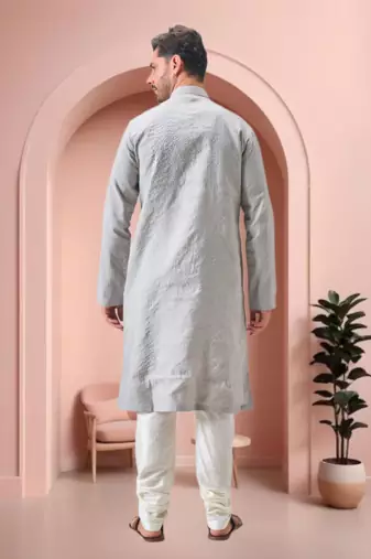Grey art silk embroidery kurta pajama set