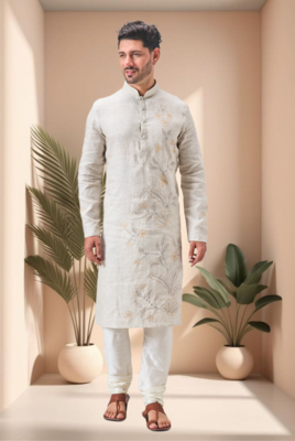 Off white linen embroidery kurta pajama set 1
