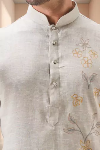 Off white linen embroidery kurta pajama set