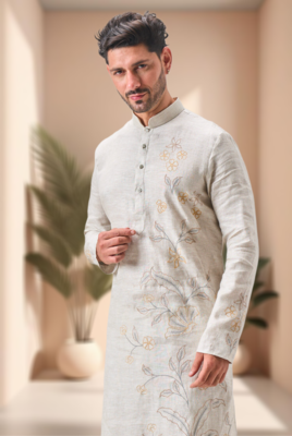 Off white linen embroidery kurta pajama set 3