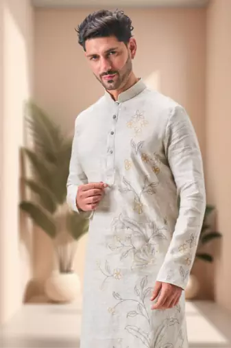 Off white linen embroidery kurta pajama set