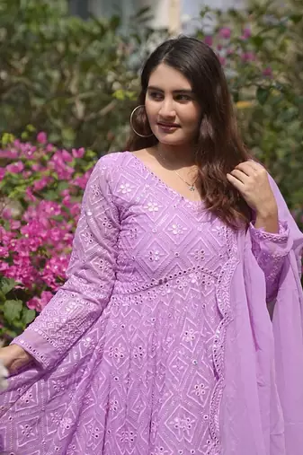 PURPLE HEAVY CHINON EMBROIDERY PARTY WEAR SUIT 