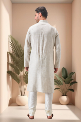 Off white linen embroidery kurta pajama set 4