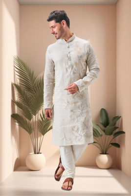 Off white linen embroidery kurta pajama set 5