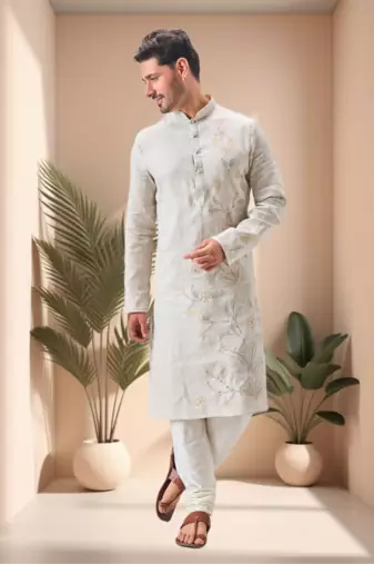 Off white linen embroidery kurta pajama set