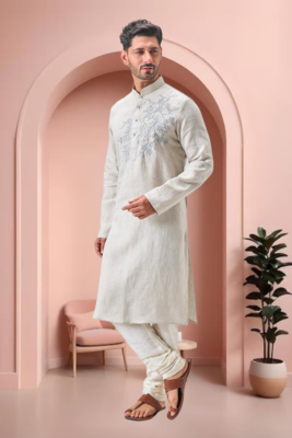 Off white linen embroidery kurta pajama set 1