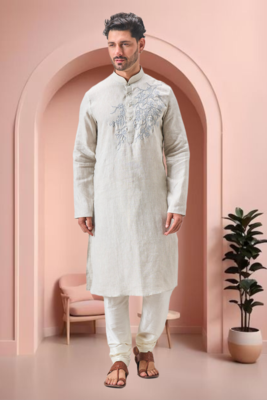 Off white linen embroidery kurta pajama set 2