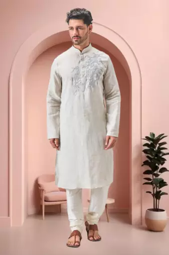 Off white linen embroidery kurta pajama set