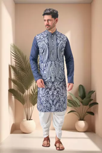 Blue art silk embroidery dhoti kurta set