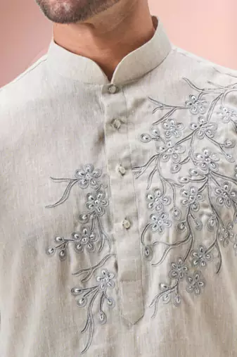Off white linen embroidery kurta pajama set