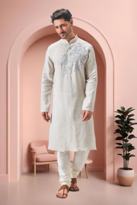 Off white linen embroidery kurta pajama set 4