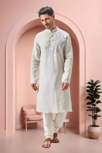 Off white linen embroidery kurta pajama set