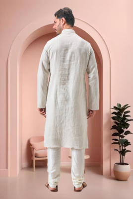 Off white linen embroidery kurta pajama set 5