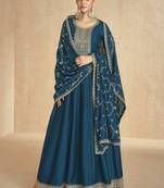 Aqua blue silk embroidered anarkali suit
