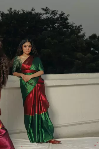 Huts and looms red and green handloom tissue saree