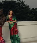 Huts and looms red and green handloom tissue saree