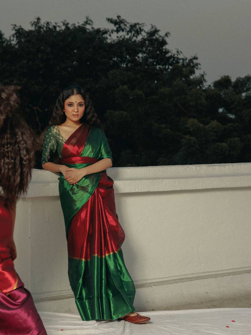 Huts and looms red and green handloom tissue saree