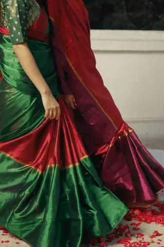 Huts and looms red and green handloom tissue saree