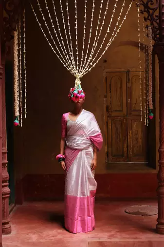 Huts and looms silver and pink handloom tissue saree