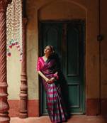silver and purple striped handloom tissue saree
