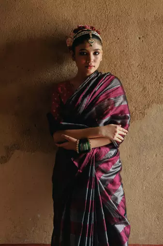 silver and purple striped handloom tissue saree