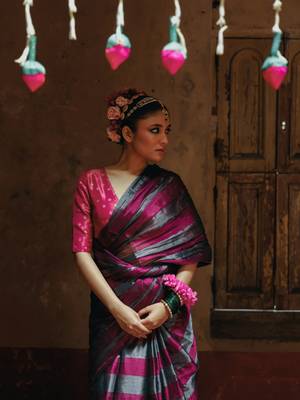 silver and purple striped handloom tissue saree 4