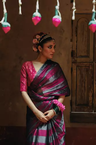 silver and purple striped handloom tissue saree
