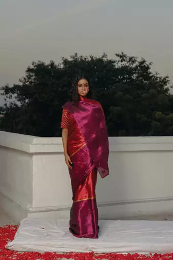 Huts and looms red and purple handloom tissue saree