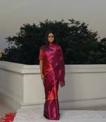 Huts and looms red and purple handloom tissue saree