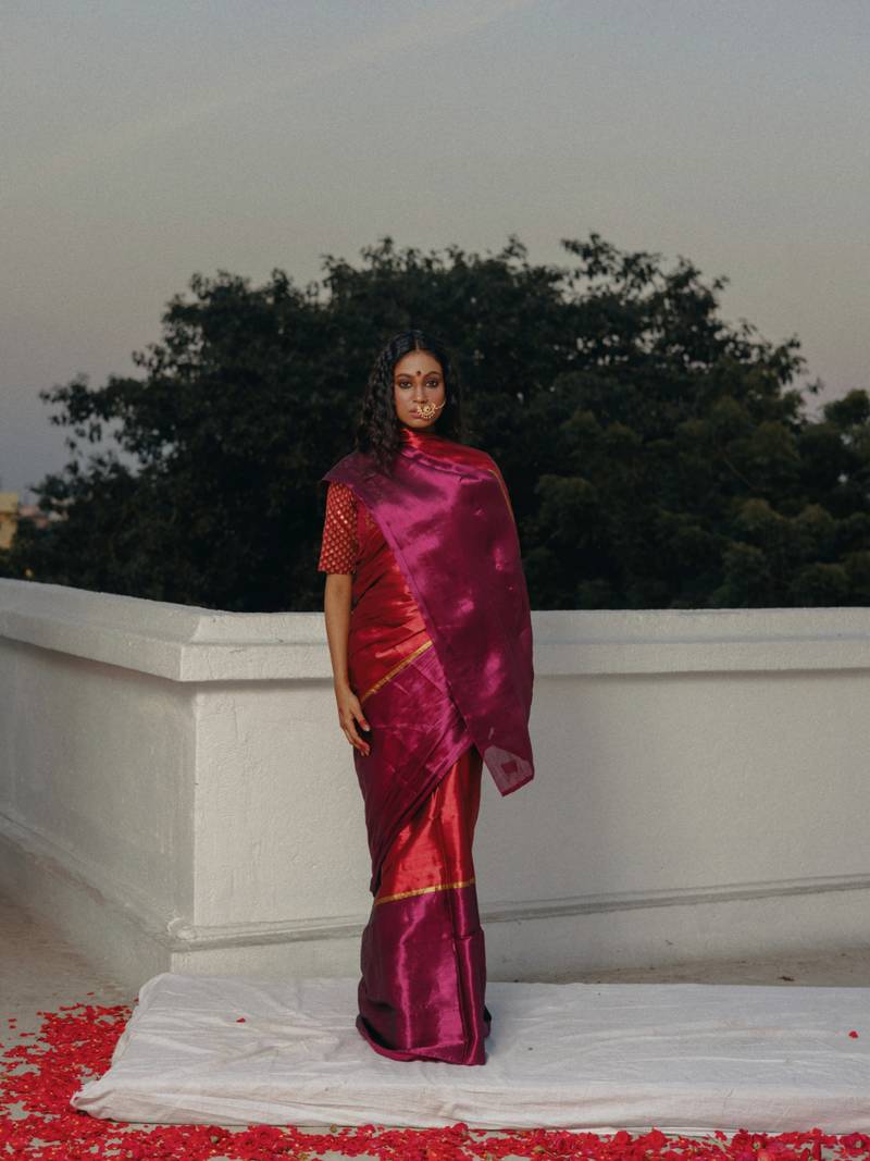 Huts and looms red and purple handloom tissue saree