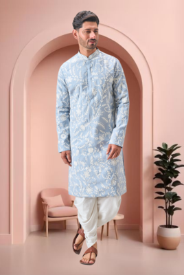 Sky blue art silk embroidery dhoti kurta set 1