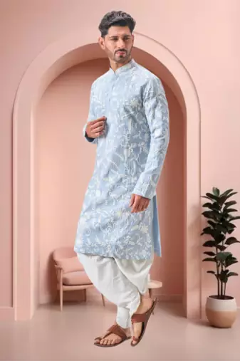 Sky blue art silk embroidery dhoti kurta set