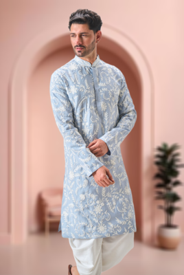 Sky blue art silk embroidery dhoti kurta set 4