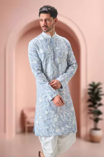 Sky blue art silk embroidery dhoti kurta set