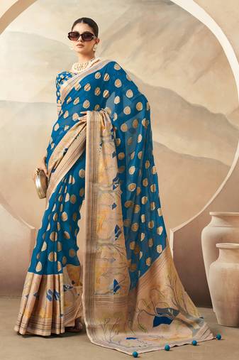 Dark firozi pure georgette floral printed saree