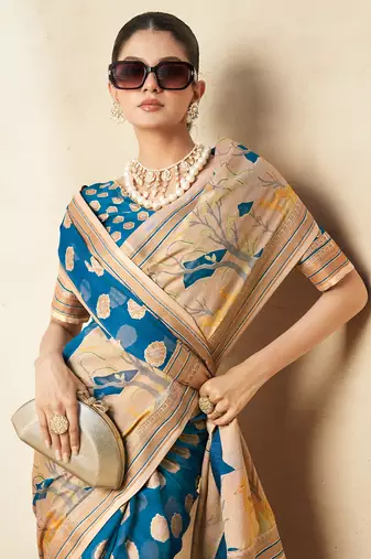Dark firozi pure georgette floral printed saree
