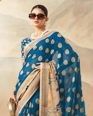 Dark firozi pure georgette floral printed saree 3