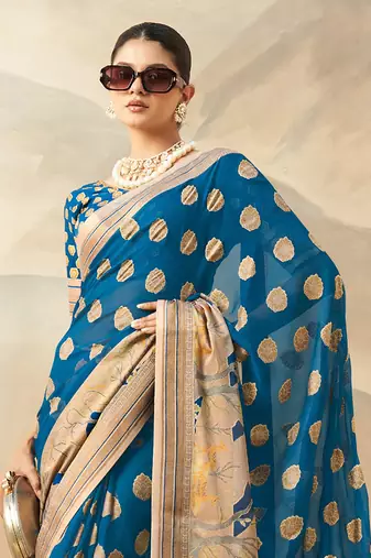 Dark firozi pure georgette floral printed saree